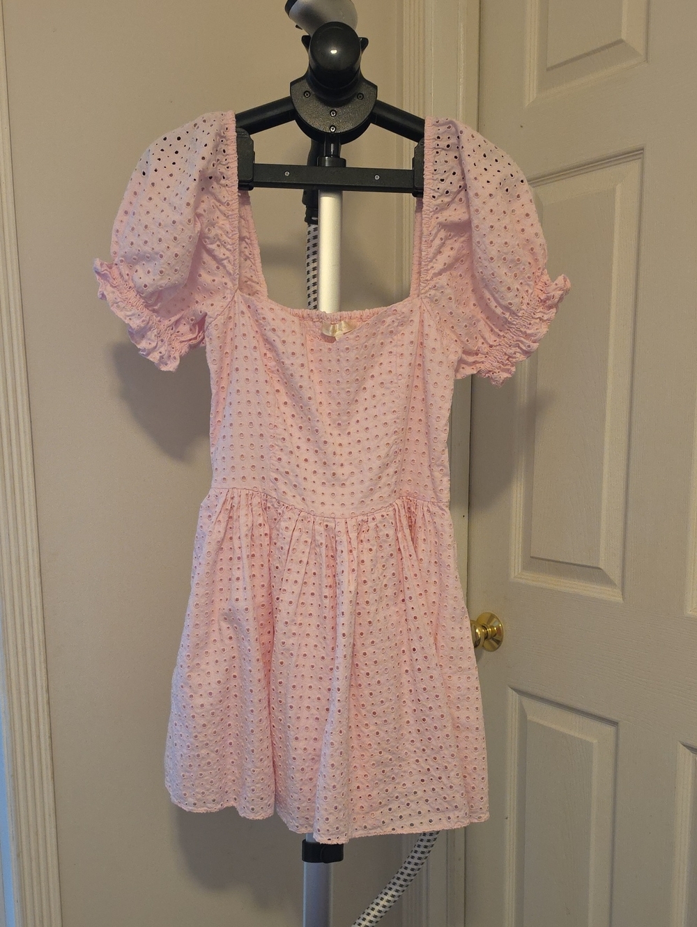 LoveShackFancy Pink Eyelet Puff-Sleeve Mini Dress